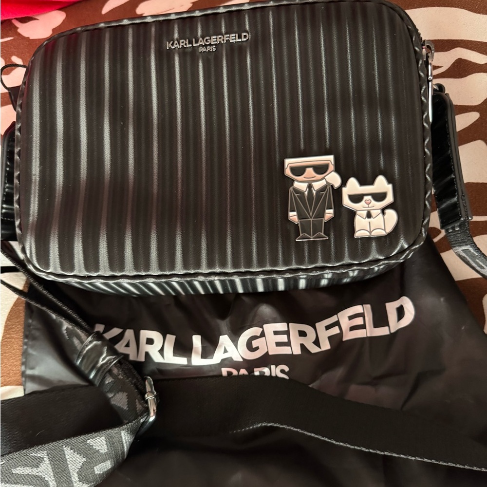 Karl Lagerfeld Black Messenger Bag with Cat-Themed Embellishments